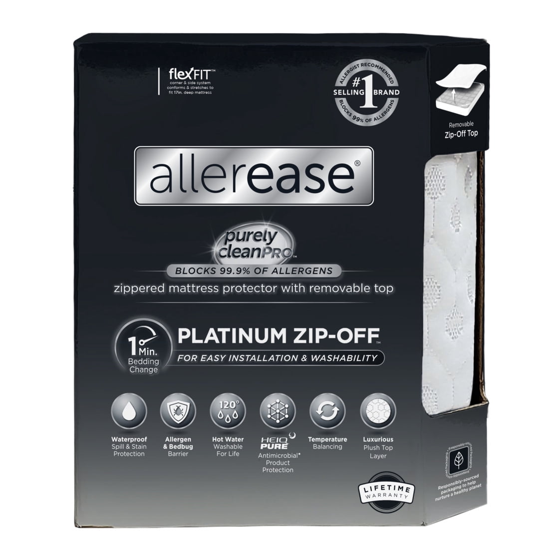 AllerEase Platinum Mattress Cover Protector, Queen- ZipOff Top, Waterproof, Allergen