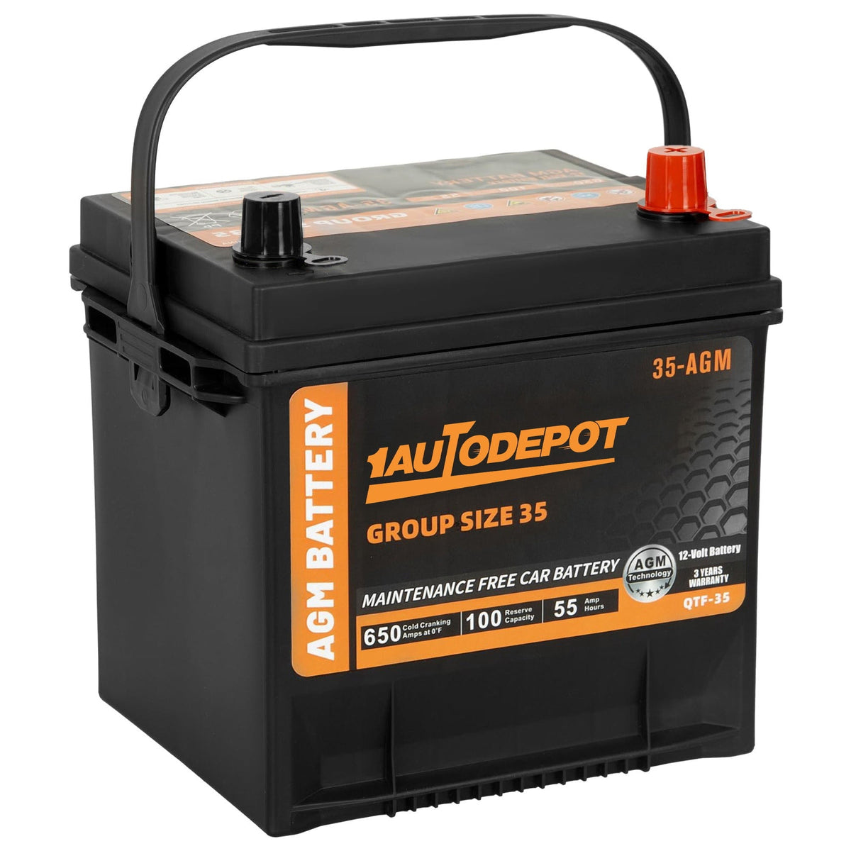 1AUTODEPOT Car Start Stop Battery Group Size 35 650CCA AGM Maintenance Free 12V 55Ah 100RC Rechargeable High Performance Battery