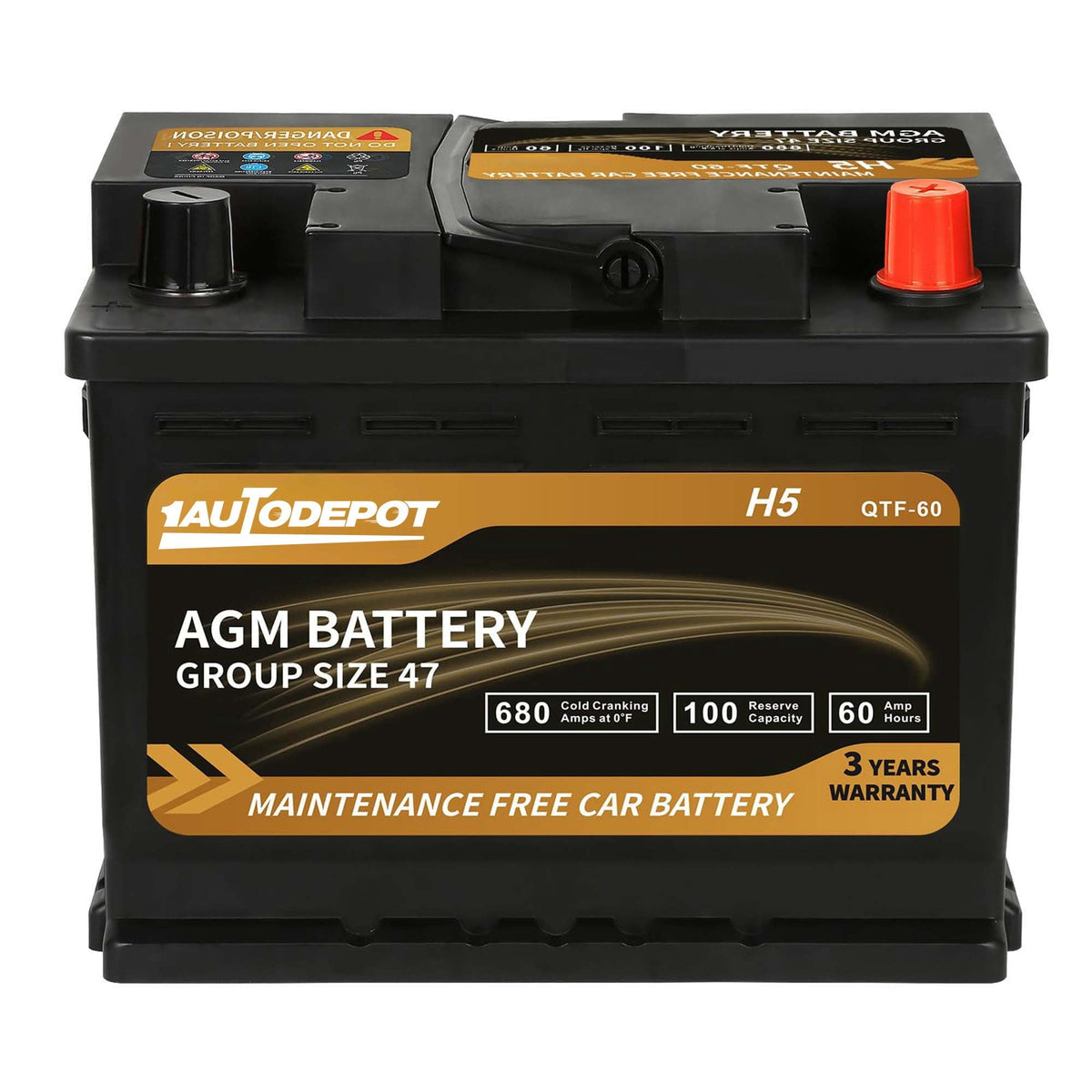 1AUTODEPOT Platinum AGM Group 47 Battery, 12 Volt Rechargeable Automotive Batteries for Car, H5 680CCA 60Ah 100RC