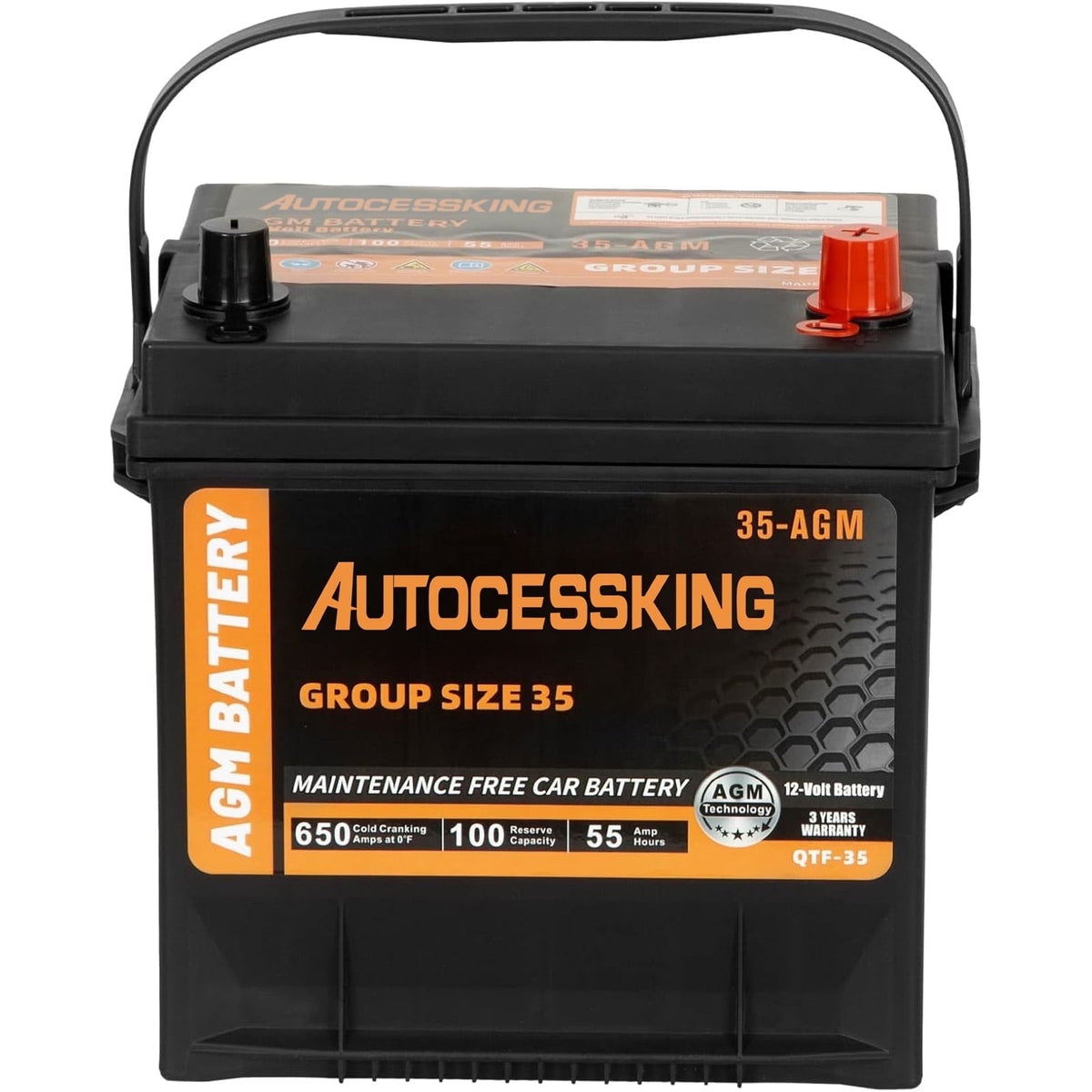 Autocessking Platinum AGM 12V Automotive Battery BIC Group 35 55AH 650 CCA, Premium Maintenance Free AGM Car Batteries Top Post for Cars, 36 Months