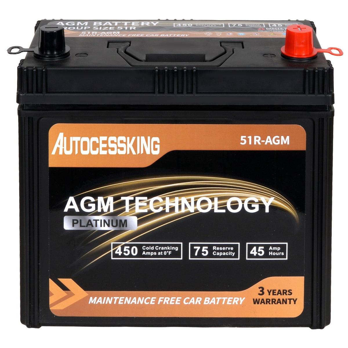 Autocessking Platinum AGM Battery, Group 51R Rechargeable Automotive Batteries for Car, 12V 450CCA 45Ah 75RC