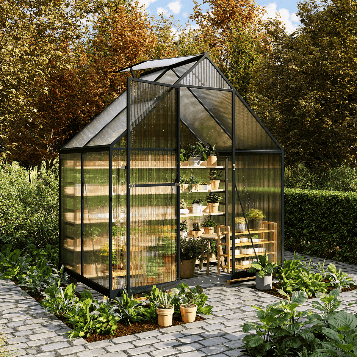 BaPiPro 4x6 ft Polycarbonate Panels Outdoor Greenhouse Sturdy Aluminum Frame, Large Walk-in Greenhouse UV Protection