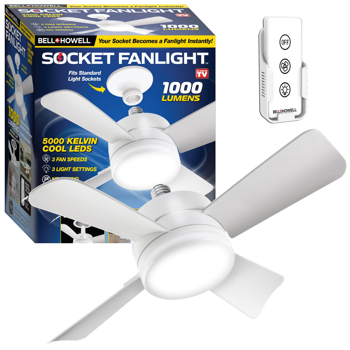 Bell + Howell Socket Breeze Fan Light 4 Blades 1000 Lumens Light 15" White Socket Fan Light