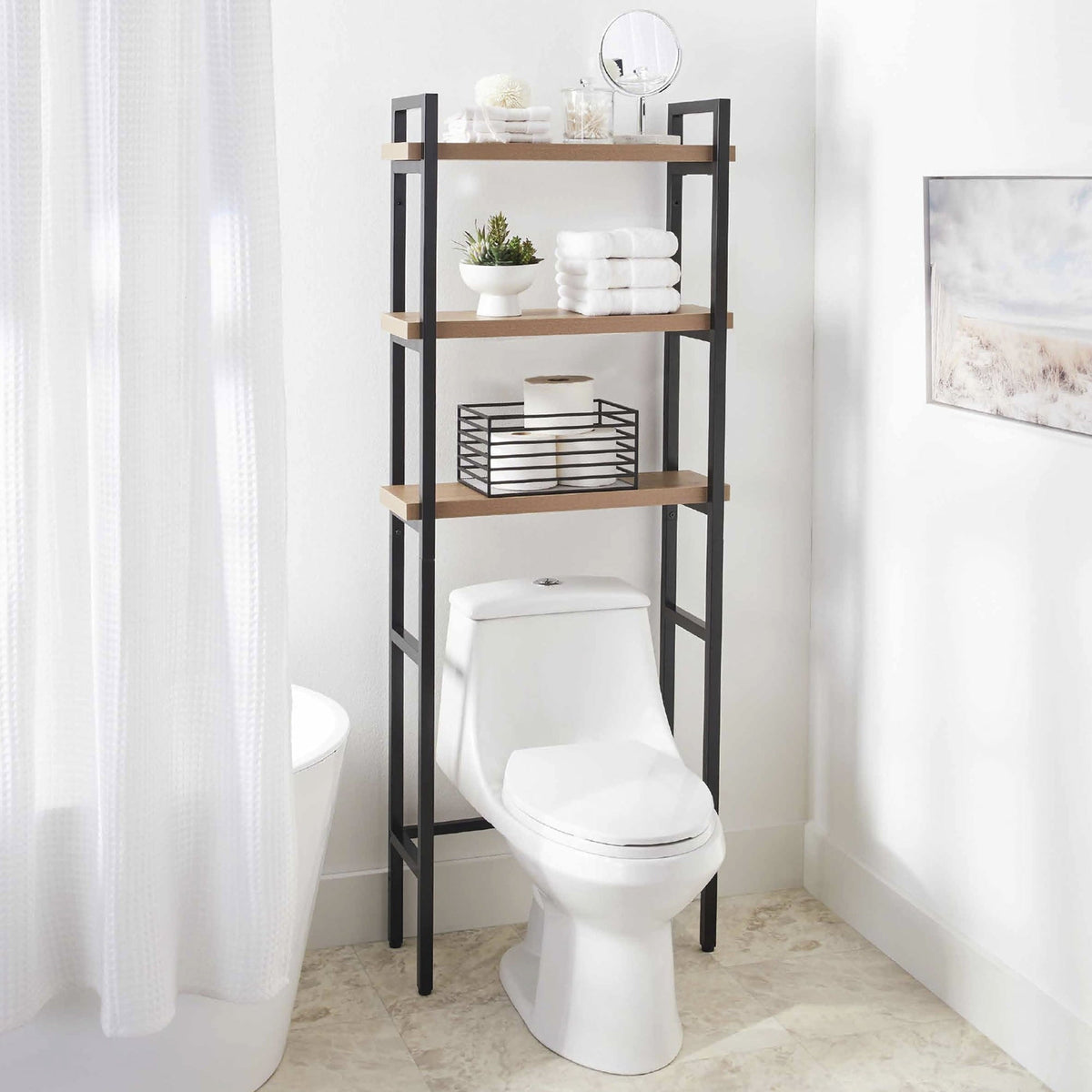 Better Homes & Gardens Jace 3-Shelf Over-the-Toilet Storage Shelf, Black Frame with Oak Shelves