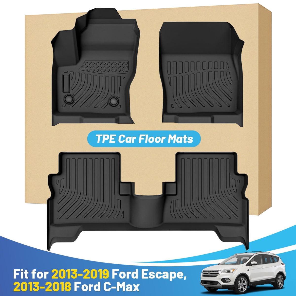 Black Floor Mats Liners Replacement for Ford Escape & C-max 2013-2019 All Weather Guard Front Rear Car Carpet Custom Fit Durable Odorless