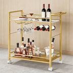 Buildhom 2-Tier Bar Cart with Wheels, Rolling Serving Cart with Wine Rack & Glass Holder for Kitchen, Living Room, Dining Room, Gold