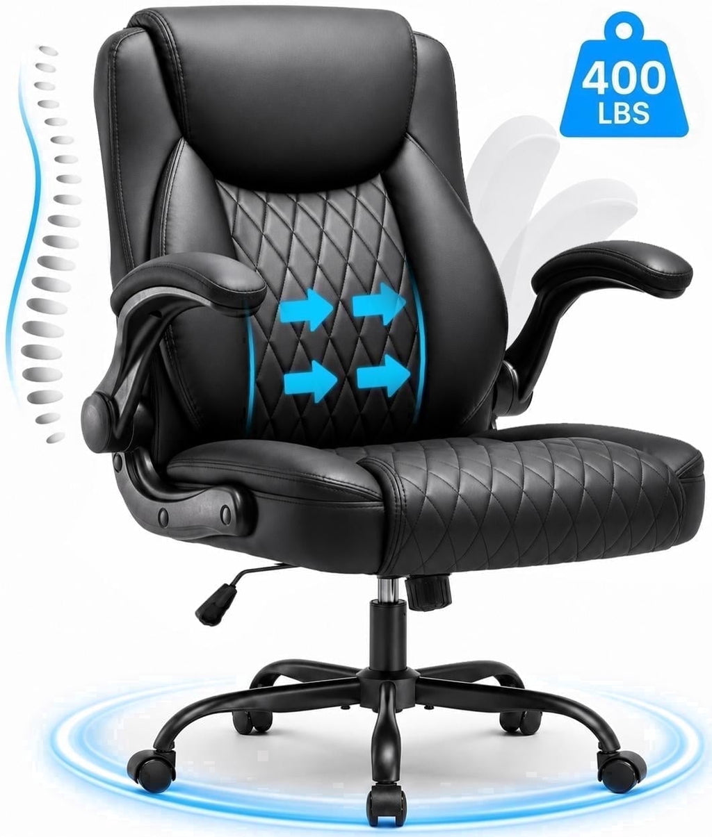 CloudRest Pro Office Chair, 400LBS Wide Seat Ergonomic Computer Desk Chair High Back Executive Leather Chair Adjustable Task Chair Lumbar Back, Black