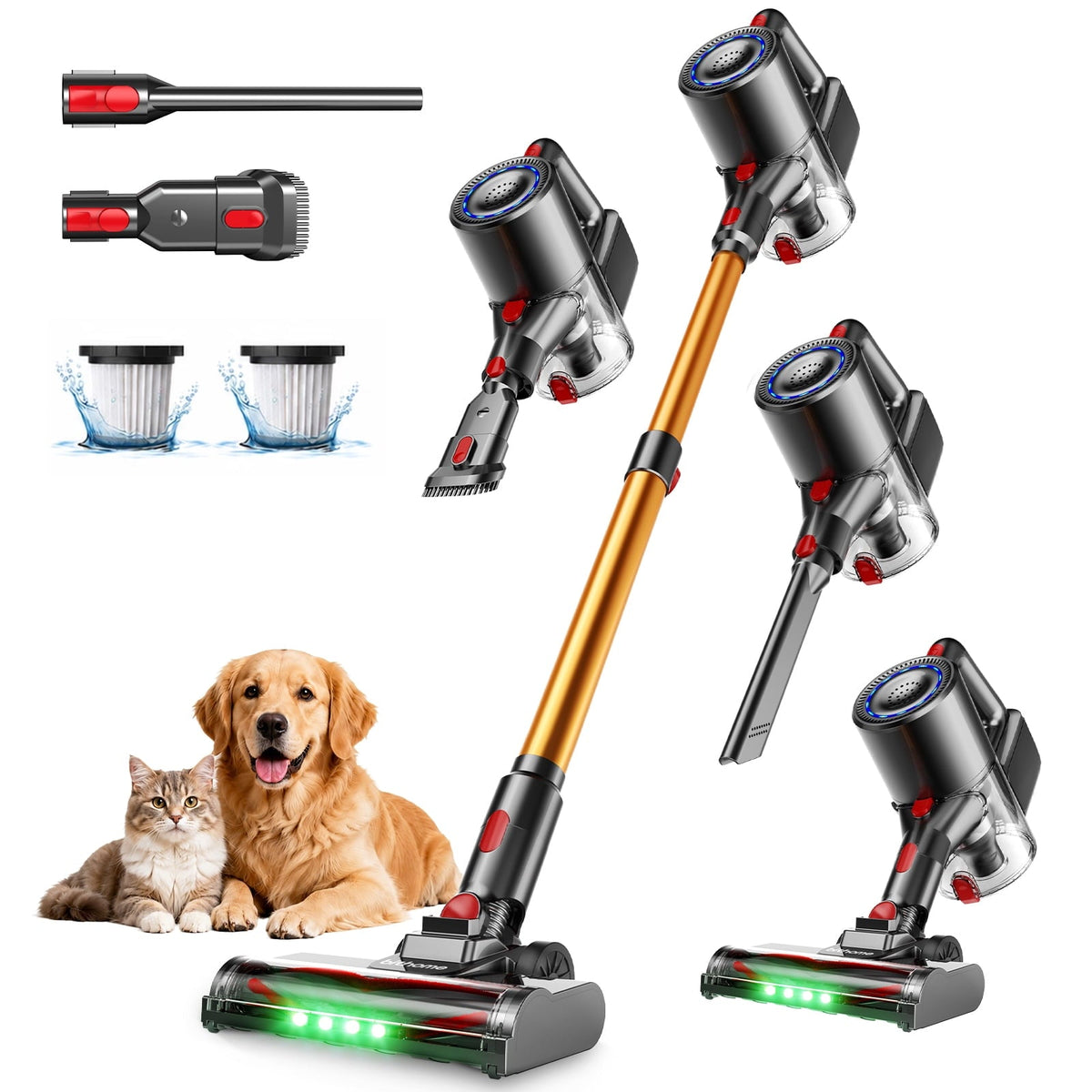 Cordless Vacuum Cleaner, 35KPa Stick Vacuum, Up to 34 Mins Runtime Lightweight Vacuum with Green LED Headlights, Self-Standing Handheld Vacuum for
