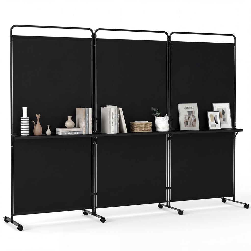 Costway 3-Panel Room Divider with Storage Shelves 6FT Tall Folding Privacy Screen on Wheels Black