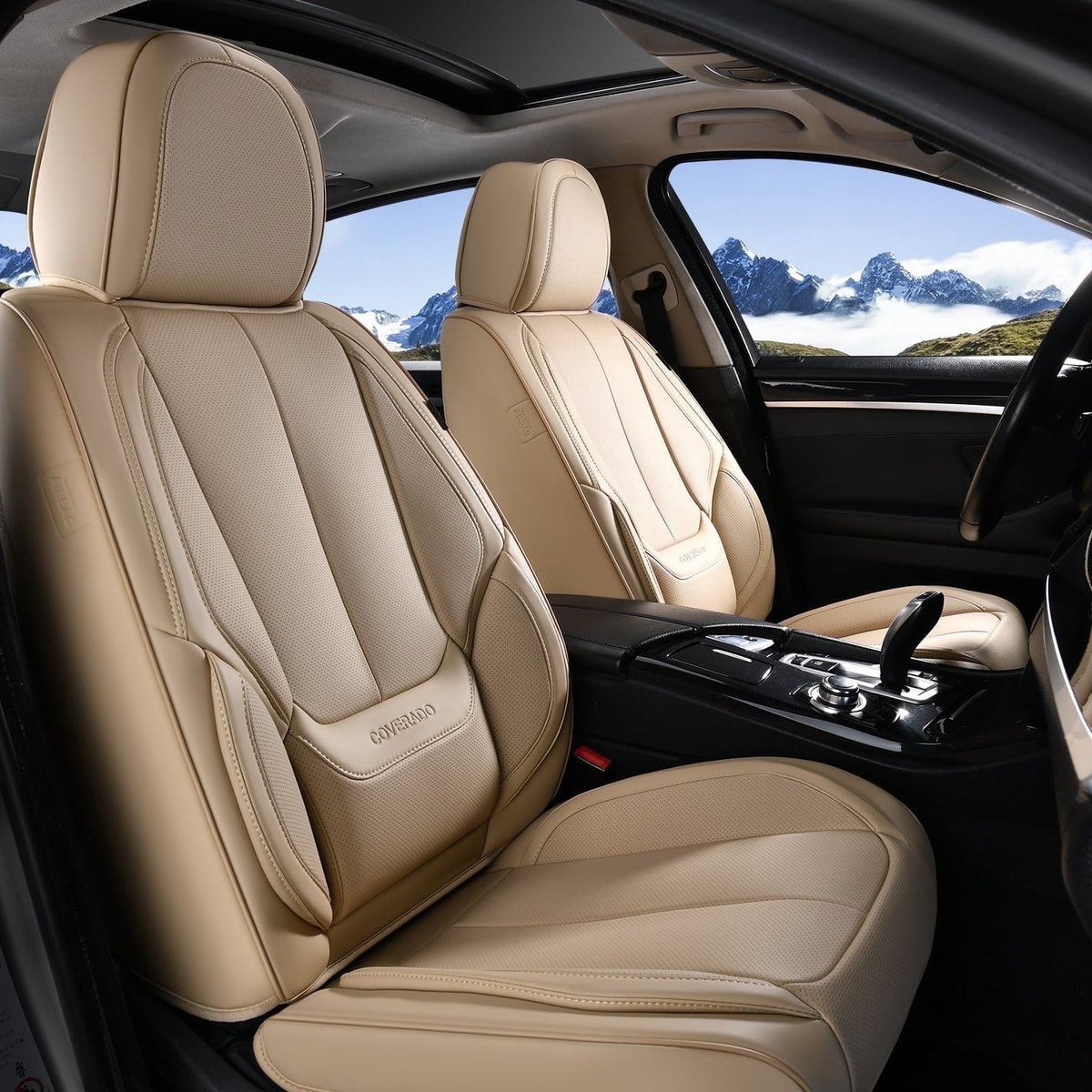 Coverado Beige Front Car Seat Covers, Stylish Waterproof Premium Leather Automotive Seat Protectors, Airbag Compatible Auto Interior Accessories