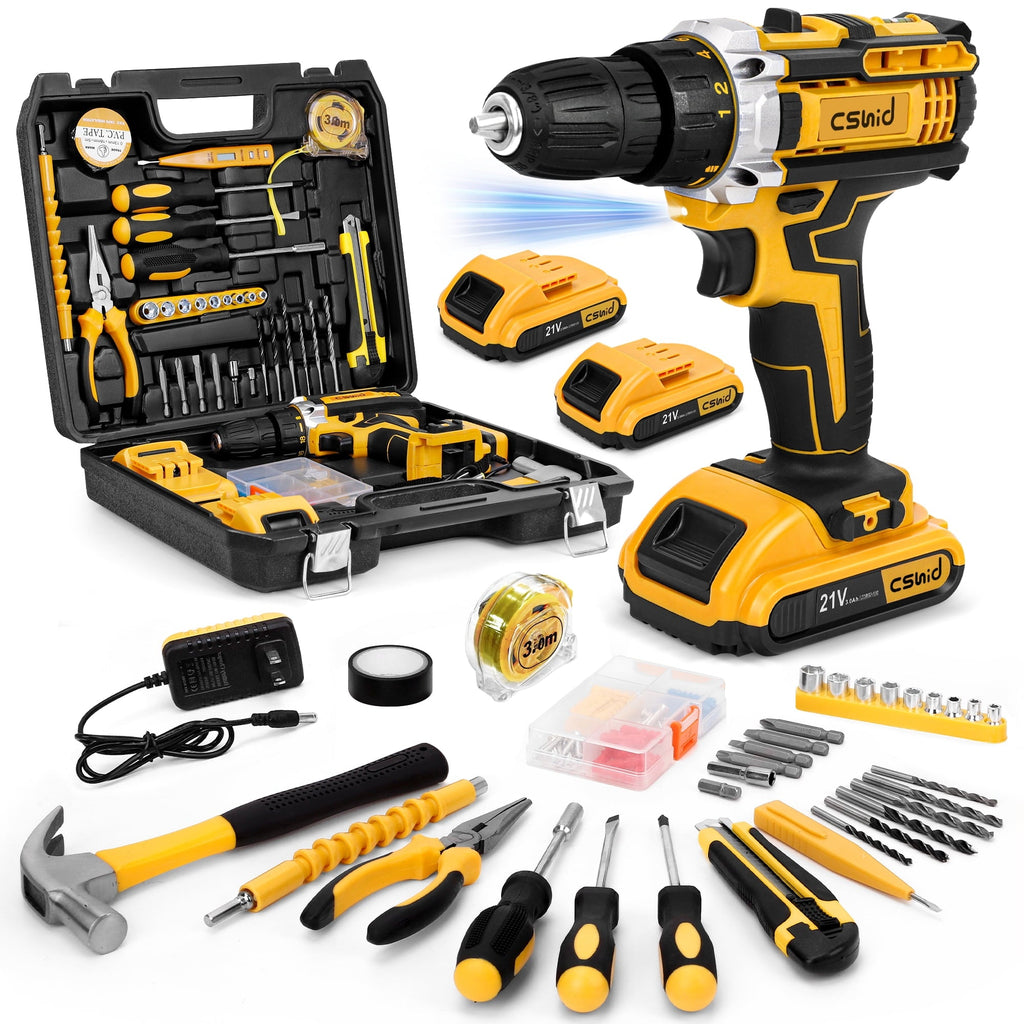 Cshidworld Tool Set with 21V Cordless Drill, Drill Set with 2 Batteries and Charger, 95PCS Electric Power Drill Tool Kit, Repair Tools Sets Combo