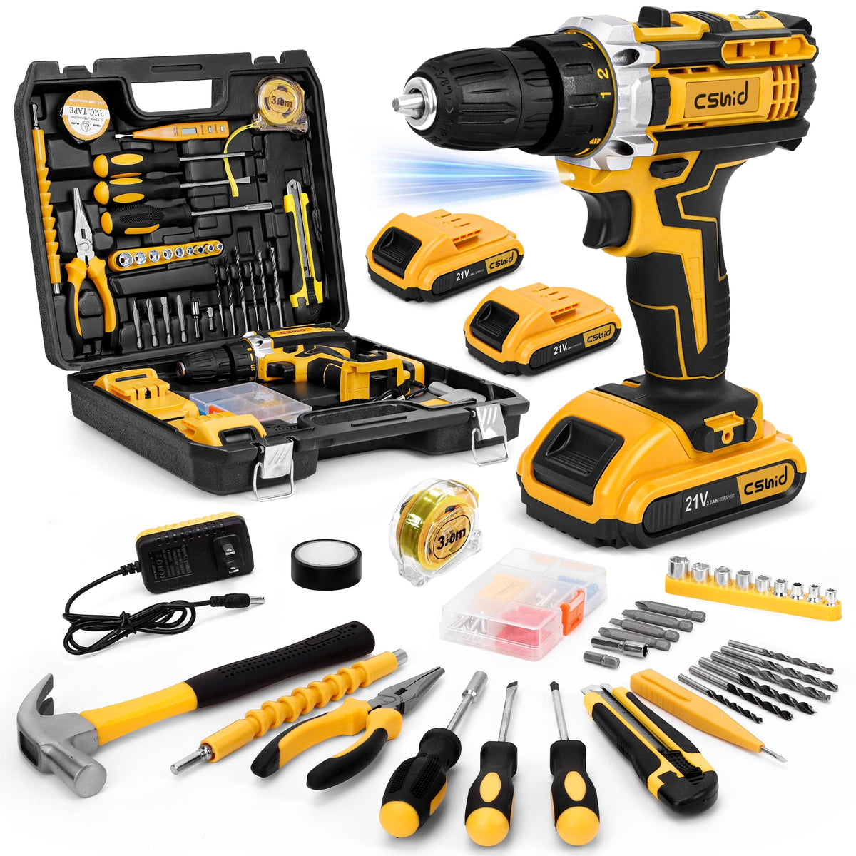 Cshidworld Tool Set with 21V Cordless Drill, Drill Set with 2 Batteries and Charger, 95PCS Electric Power Drill Tool Kit, Repair Tools Sets Combo