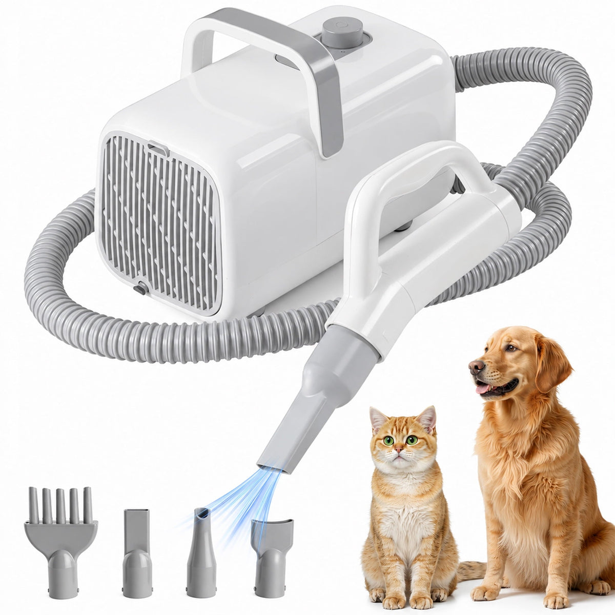 EDX Dog Blower Pet Hair Dryer with Adjustable Wind Speed & Heater Temperature, High Velocity Large Dog Hair Grooming Blower, 4 Nozzles, 6.5ft Cord