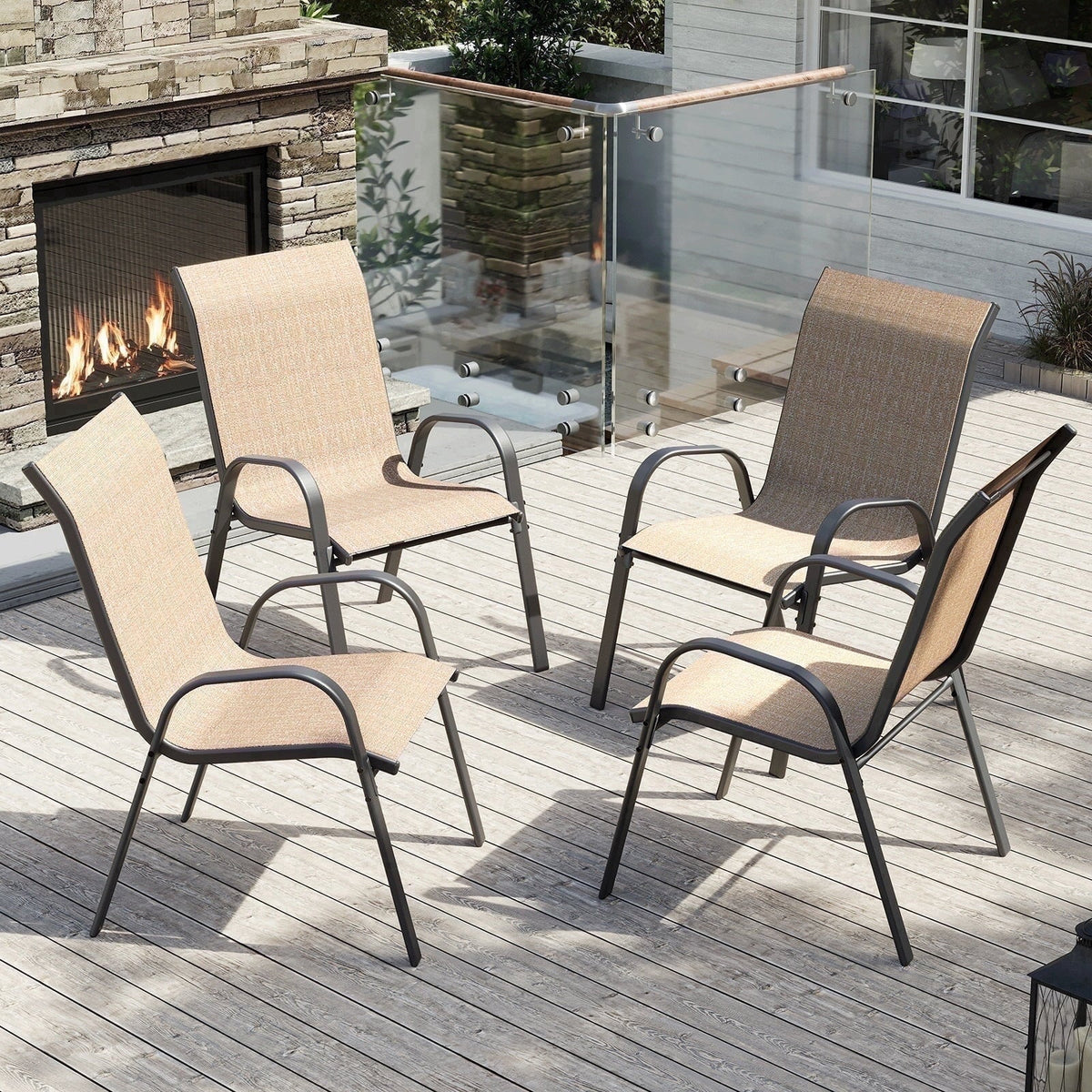 ELPOSUN Patio Chairs Set of 4, Outdoor Stackable Dining Chairs for All Weather, Breathable Garden Outdoor Furniture for Backyard Deck,Khaki