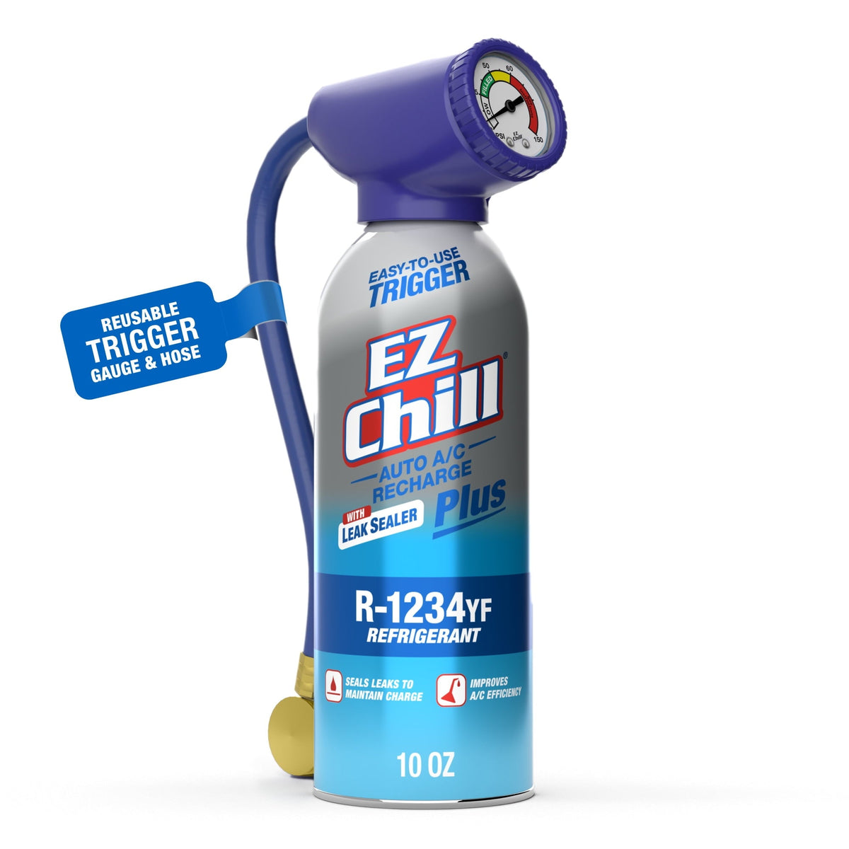 EZ Chill R-1234YF Refrigerant Plus Leak Sealer Car A/C Recharge Kit, 10 oz Can With Gauge and Hose