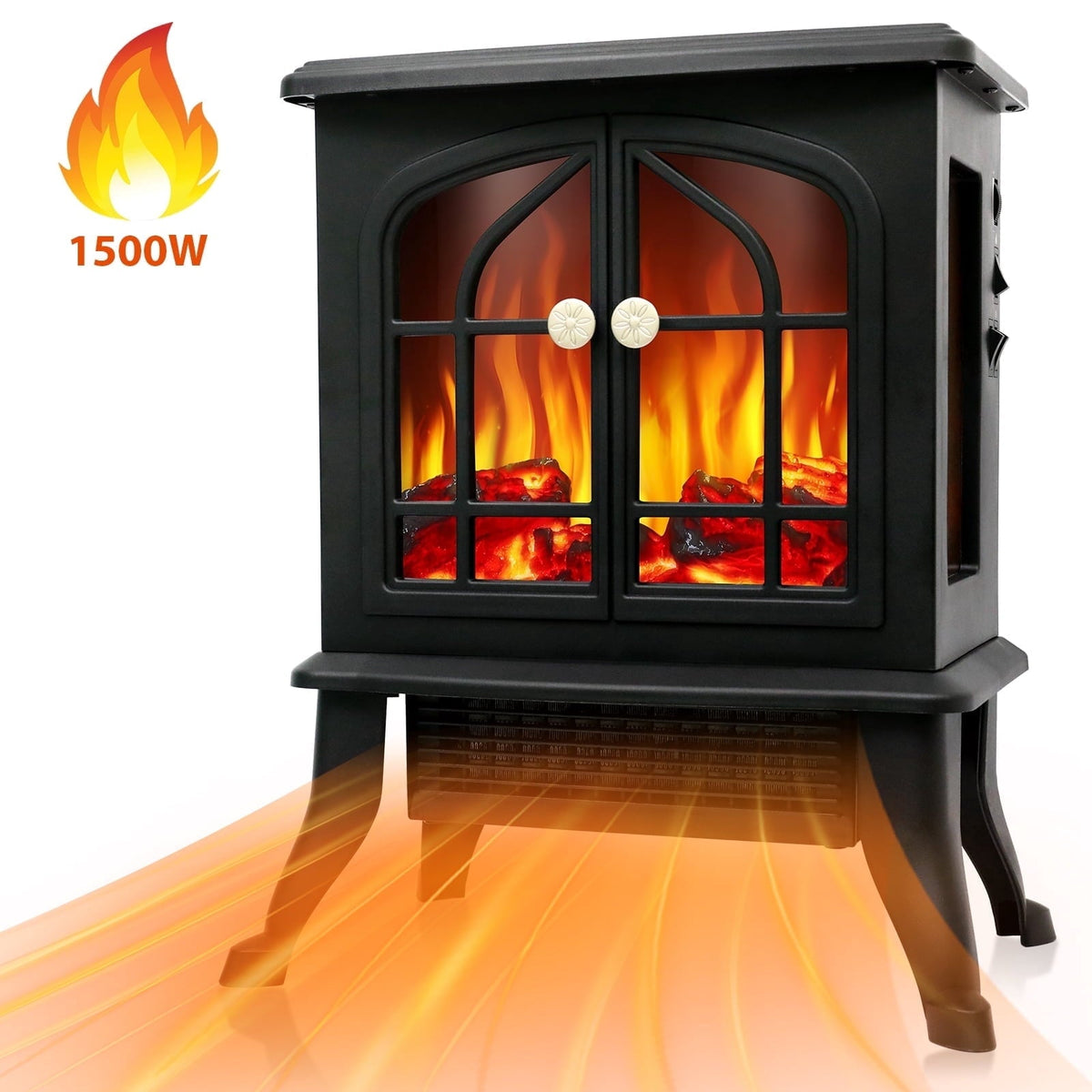 Electric Fireplace Heater 19-inch, 1500W Fireplace Heater W/Realistic 3D Flame, PTC Ceramic Freestanding Heater with Overheat Protection for Indoor
