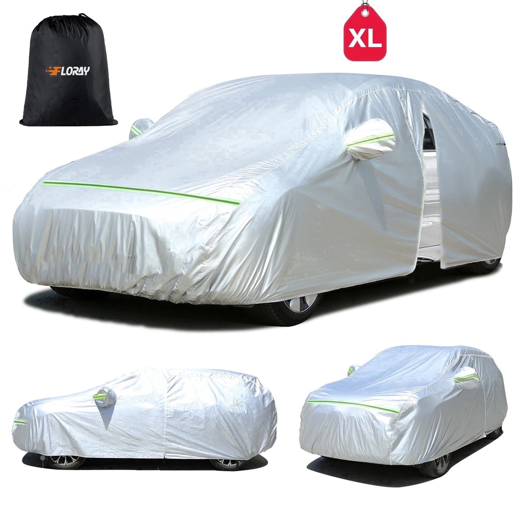 FLORAY Waterproof All-Weather Car Cover with Zipper Door, Windproof for Sedans & Mid-Size Suvs, UV and Snow Guard, Silver (XL, 210" x 59" x 47")