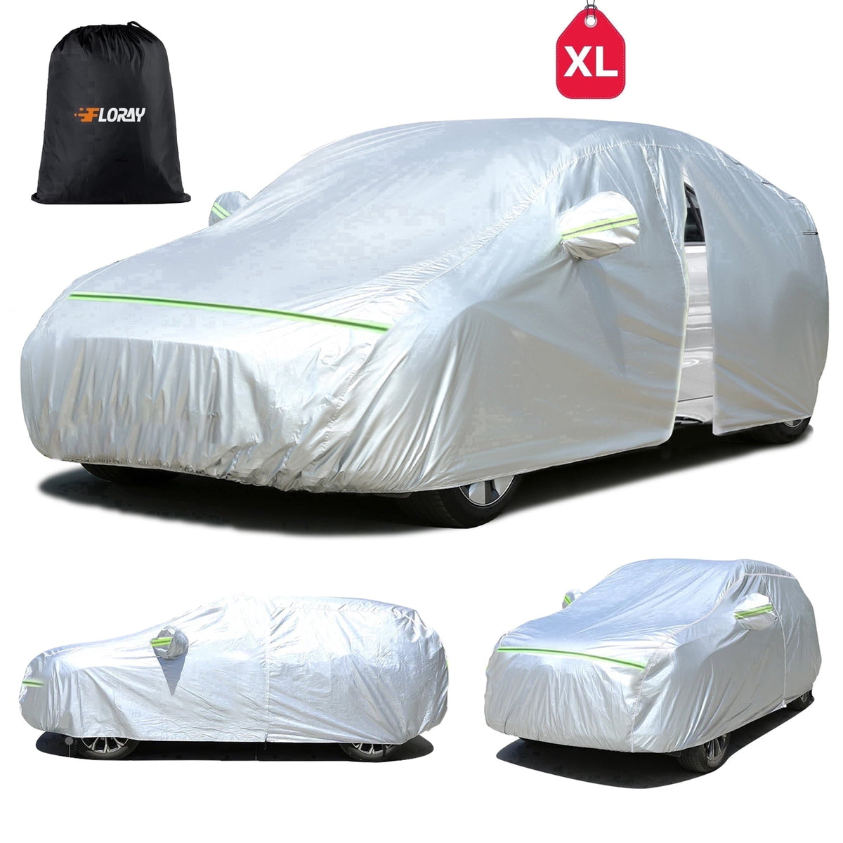 FLORAY Waterproof All-Weather Car Cover with Zipper Door, Windproof for Sedans & Mid-Size Suvs, UV and Snow Guard, Silver (XL, 210" x 59" x 47")