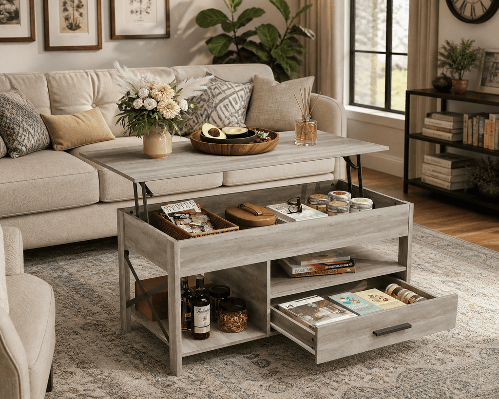 GALAXHERO Coffee Table, 39" Lift Top Coffee Table with Hidden Compartment, Storage Drawers and Storage Shelf for Living Room, Reception Room Greige