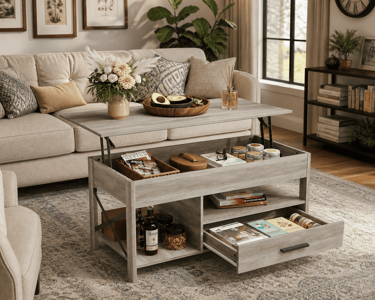 GALAXHERO Coffee Table, 39" Lift Top Coffee Table with Hidden Compartment, Storage Drawers and Storage Shelf for Living Room, Reception Room Greige