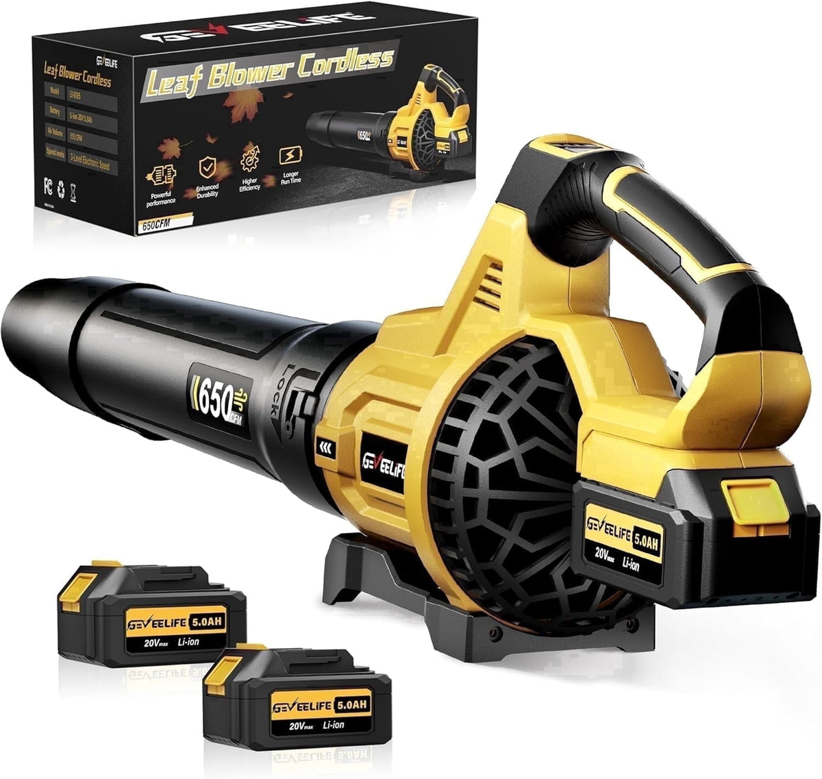 GEVEELIFE Leaf Blower Cordless, 650CFM & 3 Speed Levels, Electric Cordless Leaf Blower with 2 * 5.0Ah Battery Powered, Blowers for Lawn Care, Yard