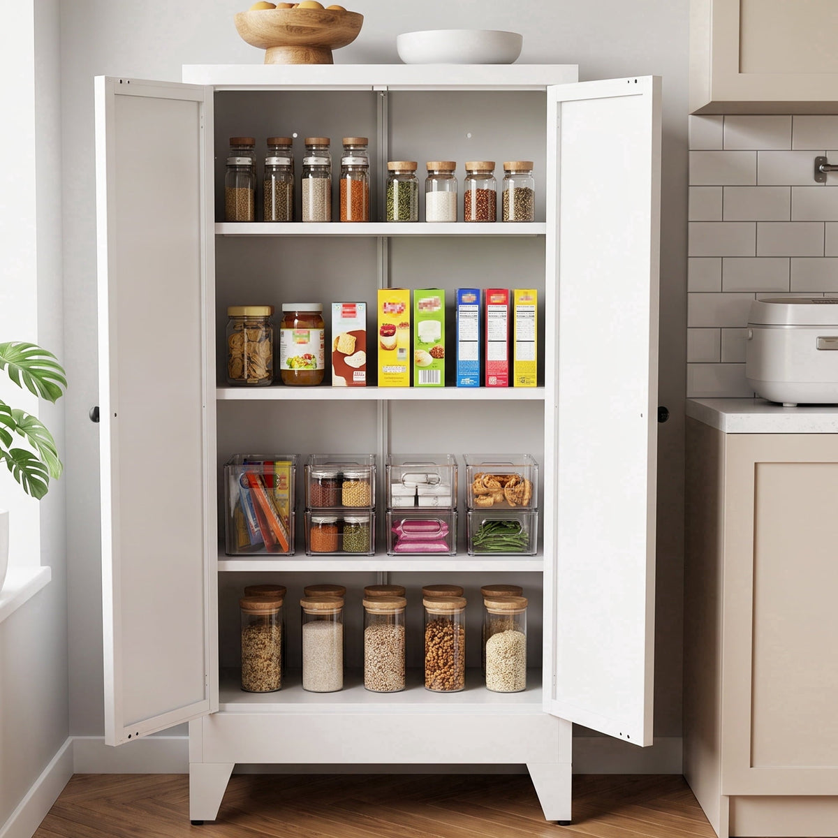 Glyxxen 47" Kitchen Pantry Cabinet, Metal Storage Cabinet, Modern Tall Steel Pantry Cupboard with 2 Doors and Adjustable Shelves for Kitchen Garage