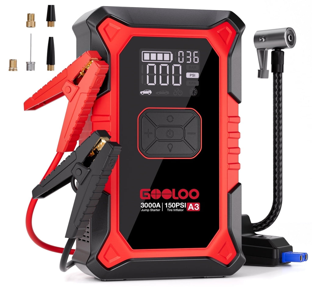 Gooloo Jump Starter with Air Compressor, 3000A Portable Car Battery Jump Starter (9.0L Gas/6.5L Diesel) with 150PSI Digital Tire Inflator, 12V Car
