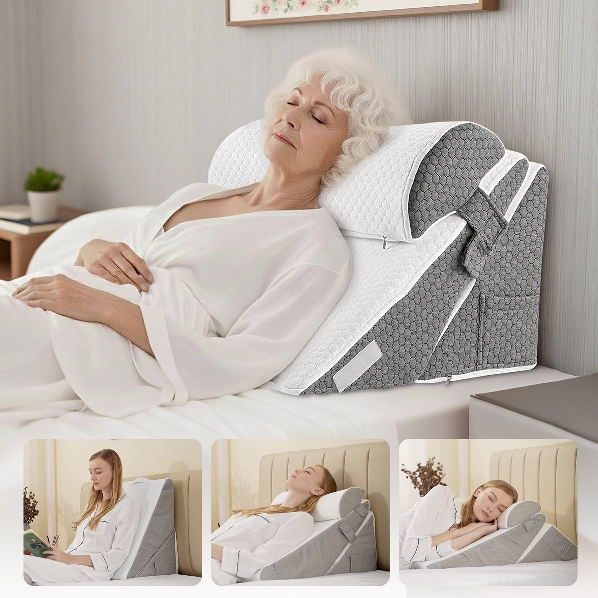 Grnoedn Wedge Pillow for Sleeping,Orthopedic Adjustable Memory Foam Bed Wedge Pillows Set for Acid Reflux,Leg Back Pain Relief & Reading Rest