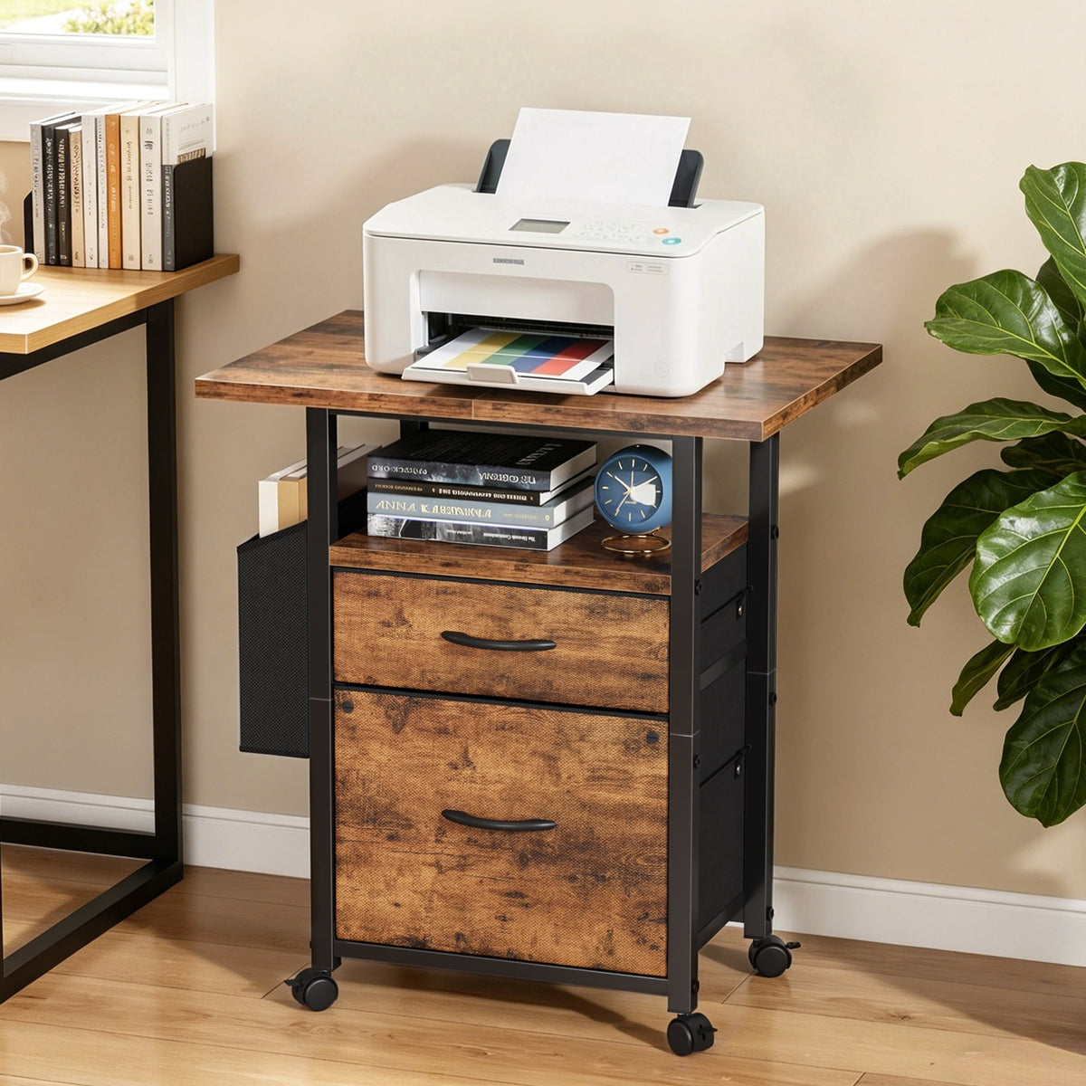 HIGDBFE File Cabinets with 2 Drawers, Rolling Fabric Filing Cabinet with 24'' Large Tabletop, Printer Stand for Home Office, Fits A4/Letter Size