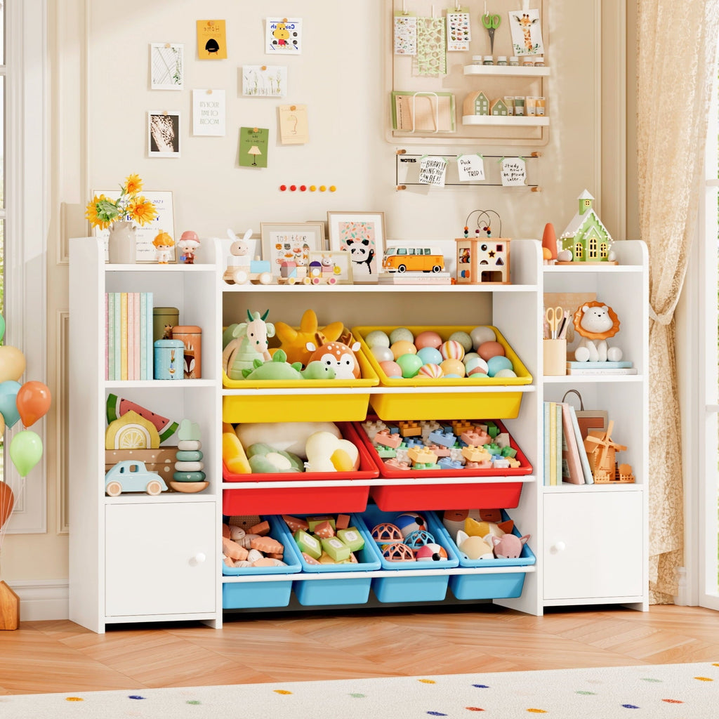 Homfa Kids Toy Storage Organizer Shelf with 8 Cube Storage Bins, White Kids Bookcase, Wood Toy Boxes for Playroom, White/ Primary