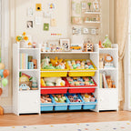 Homfa Kids Toy Storage Organizer Shelf with 8 Cube Storage Bins, White Kids Bookcase, Wood Toy Boxes for Playroom, White/ Primary