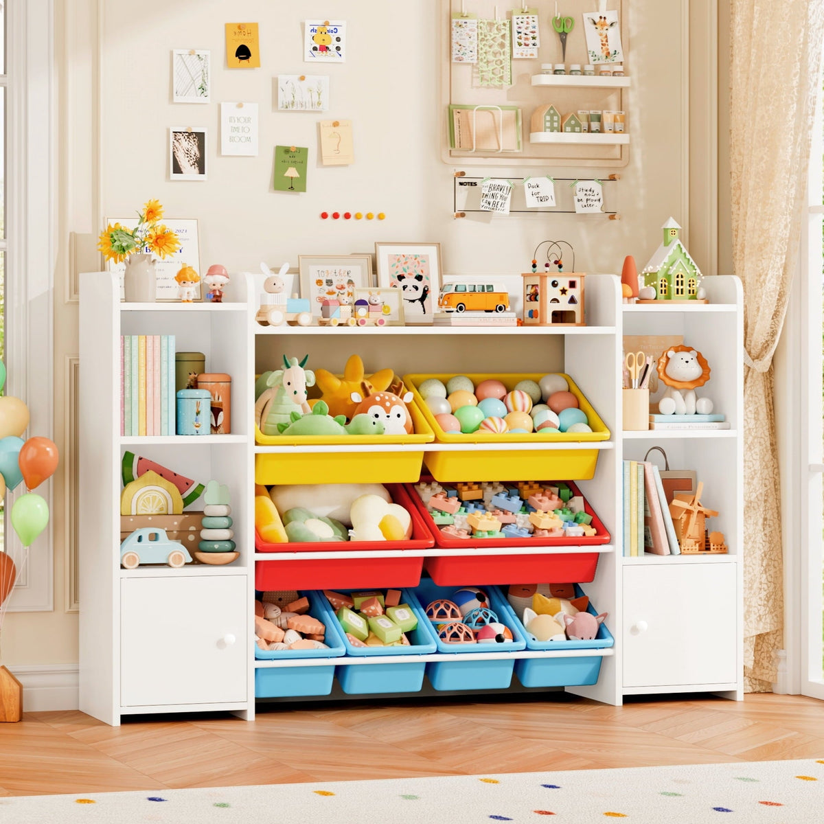 Homfa Kids Toy Storage Organizer Shelf with 8 Cube Storage Bins, White Kids Bookcase, Wood Toy Boxes for Playroom, White/ Primary