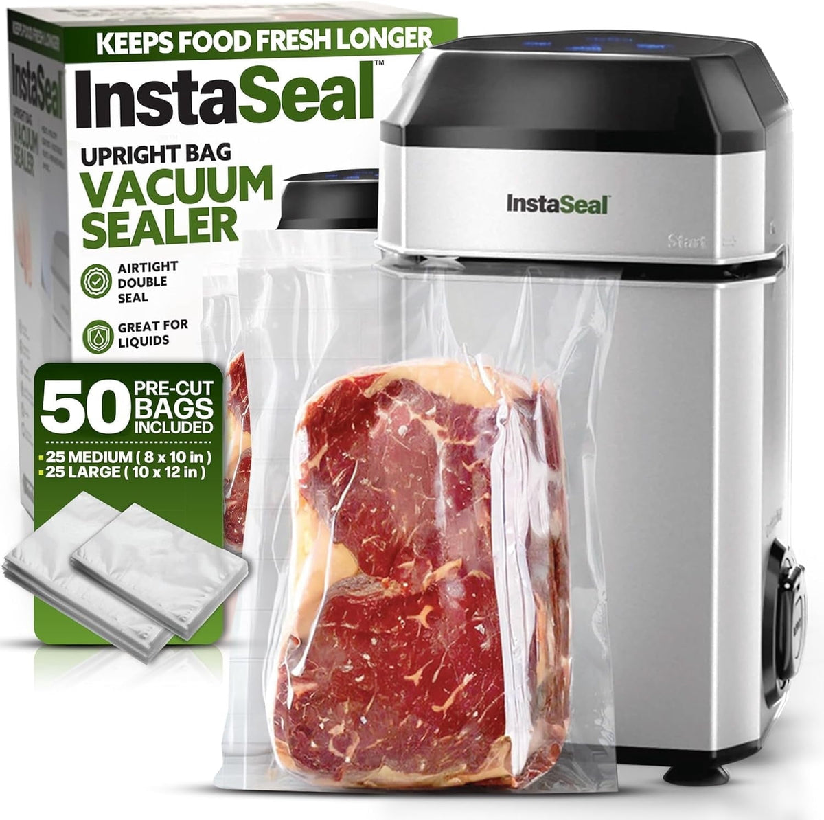 InstaSeal Food Vacuum Sealer Machine, Upright Vacuum Sealer Machine Allows to Vacuum Seal Liquids, Food Sealer, Keeps Food Fresh Longer As Seen on TV