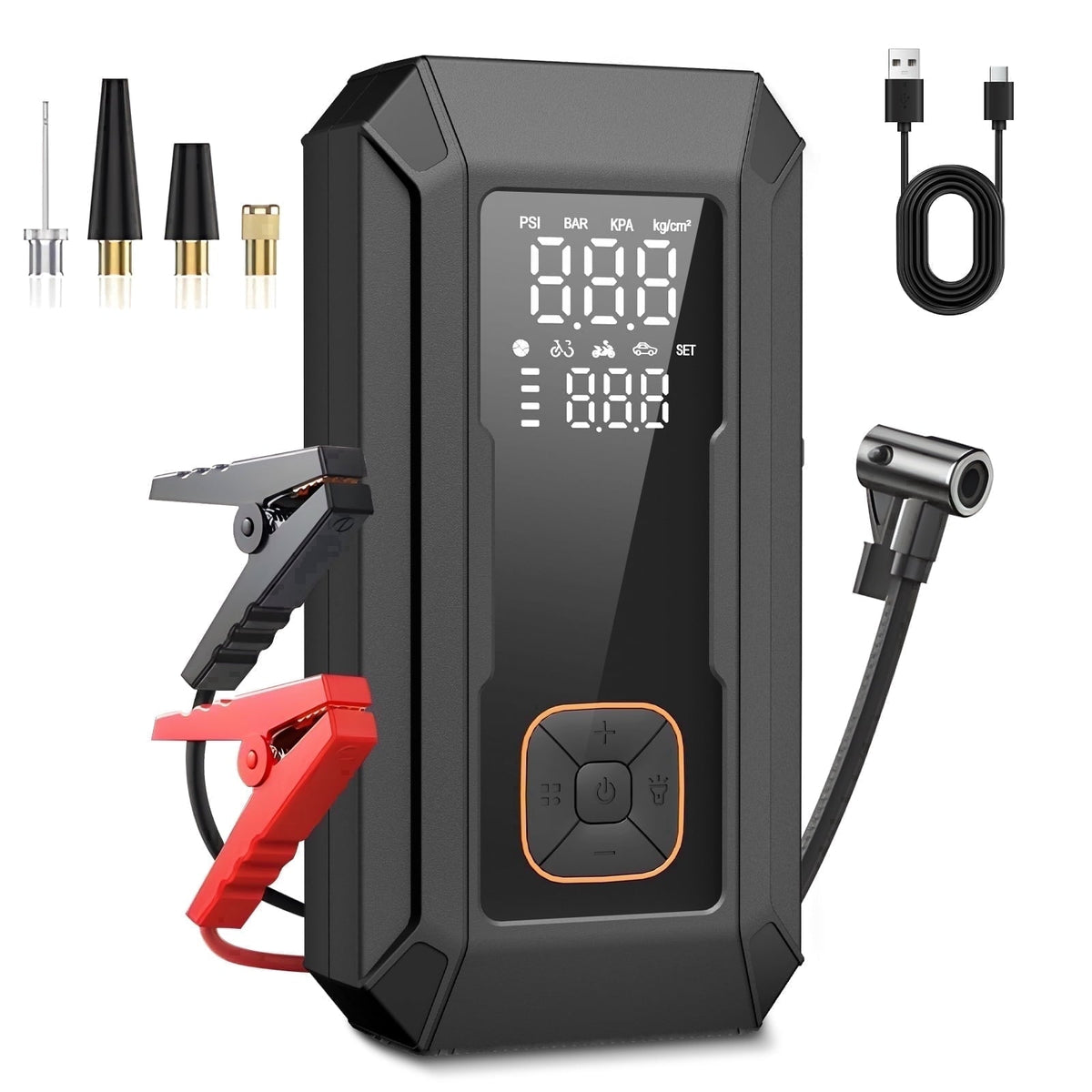 KT1 Car Jump Starter with Air Compressor, 150 PSI, Power Bank, 4000A Jump Starter, Fast Inflation for Car Tires, Bikes, SUV, Trucks & More - Portable