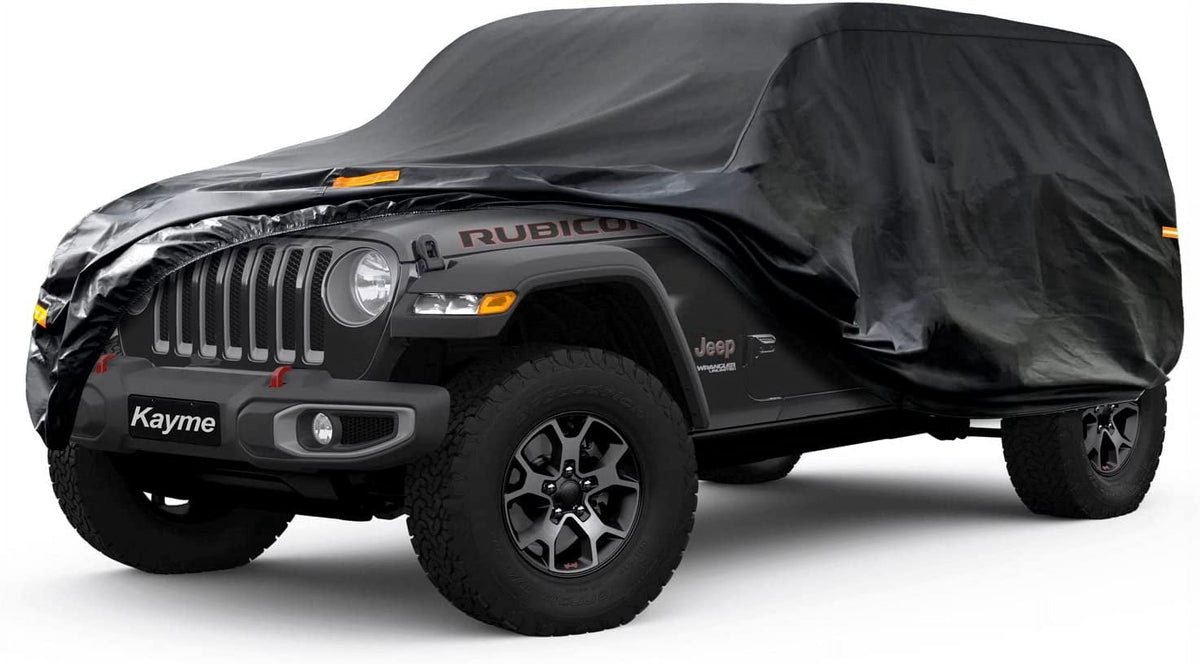 Kayme 6 Layers Waterproof PE Car Cover, Custom Fit for Jeep Wrangler 4 Dr/Unlimited 4 Door JK JL, Black