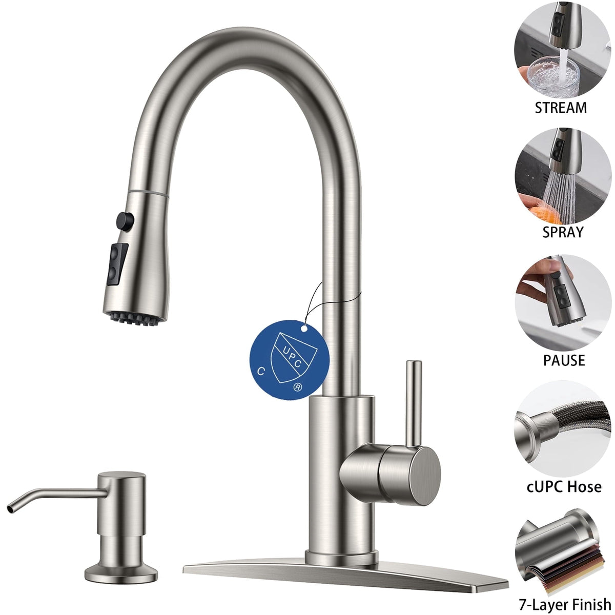 TVOFEK Kitchen Faucet with Soap Dispenser, Stainless Steel Brushed Nickel Kitchen Sink Faucets with Pull Down Sprayer fit 1 or 3 Hole, Single Handle