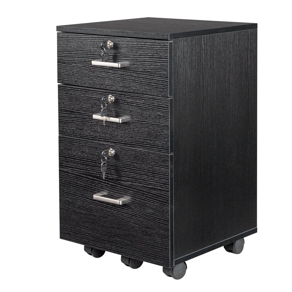 Ktaxon 3-Drawer Rolling Wood File Cabinet with Lock, Portable Vertical Mobile Wooden Storage Filing Cabinet for Home Office,Black