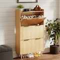 Ktaxon Fluted Shoe Cabinet with 3 Flip Drawers, Narrow Shoes Storage for Entryway, Oak