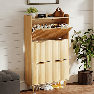 Ktaxon Fluted Shoe Cabinet with 3 Flip Drawers, Narrow Shoes Storage for Entryway, Oak