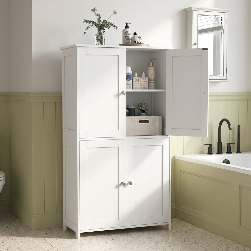 LEDREM Bathroom Storage Floor Cabinet Organizer with Adjustable Shelf 4 Magnetic Doors Freestanding for Small Spaces,White
