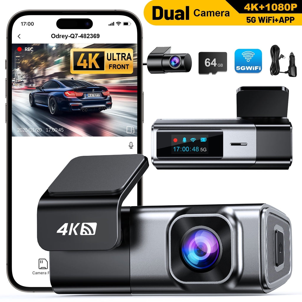 Odrey Car Dash Cam Front and Rear, Dashcam 4K Front and 1080P Rear Camera with 5G WiFi 64GB Card, Dash Camera for Cars with G-Sensor 24H Parking mode