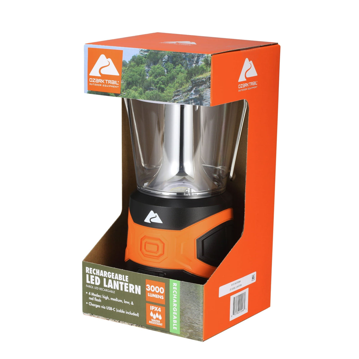Ozark Trail LED Rechargeable Camping Lantern, 3000 Lumens, IPX4 Water Resistant, 4 Modes, USB-C Charging