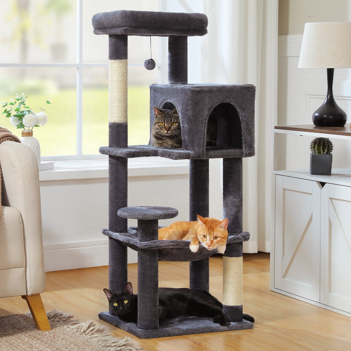 PAWZ Road Cat Tree Condo 46”with Sisal Covered Scratching Posts Tower Deep Hammock and Large Perch for Small Cats,Dark Gray