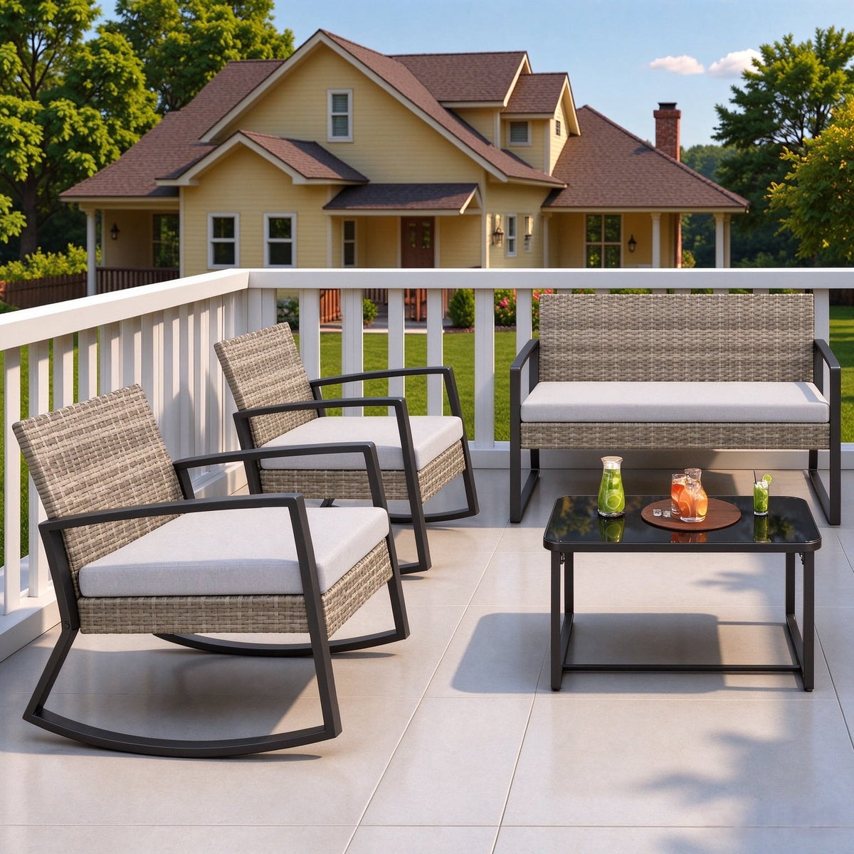 Patio Furniture Set, Jolifa 4-Piece Outdoor Conversation Set with Pet Friendly Table, Black Metal Frame for Balcony/Poolside