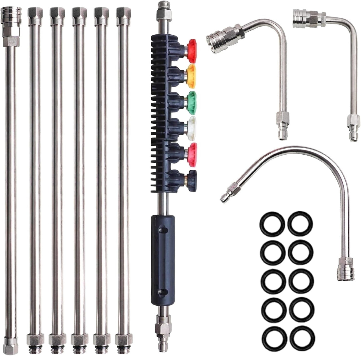 Pressure Washer Extension Wand, 10 Pack Power Washer Lance with 6 Atomization Nozzle Tips,1 Gutter Cleaner Attachment Curved Rod, 1/4" Quick Connect
