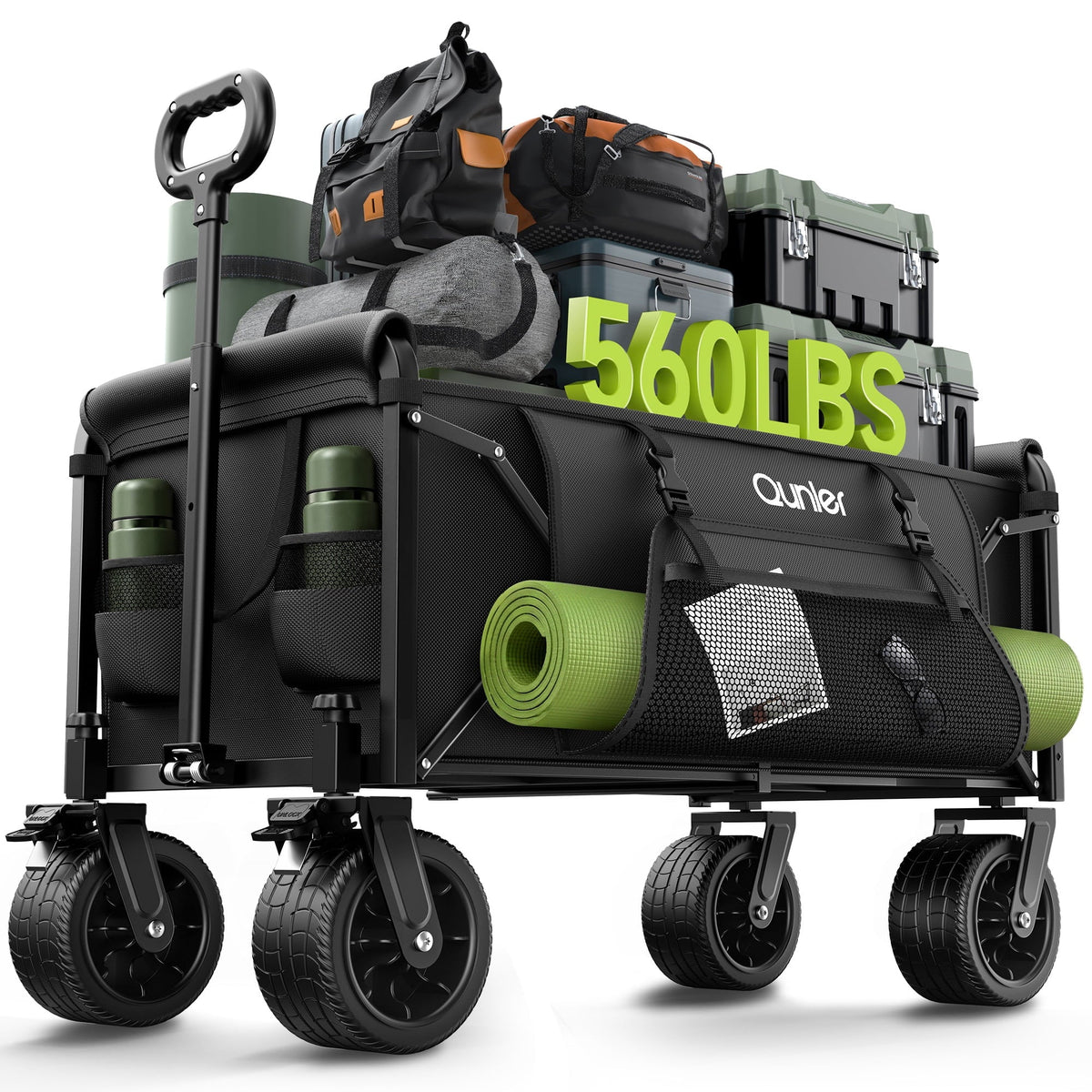 Qunler 560lbs Large Collapsible Folding Wagon with Oversized Tank Wheels, Heavy Duty Big Bucket Utility Garden Cart with Side Pocket for Sports