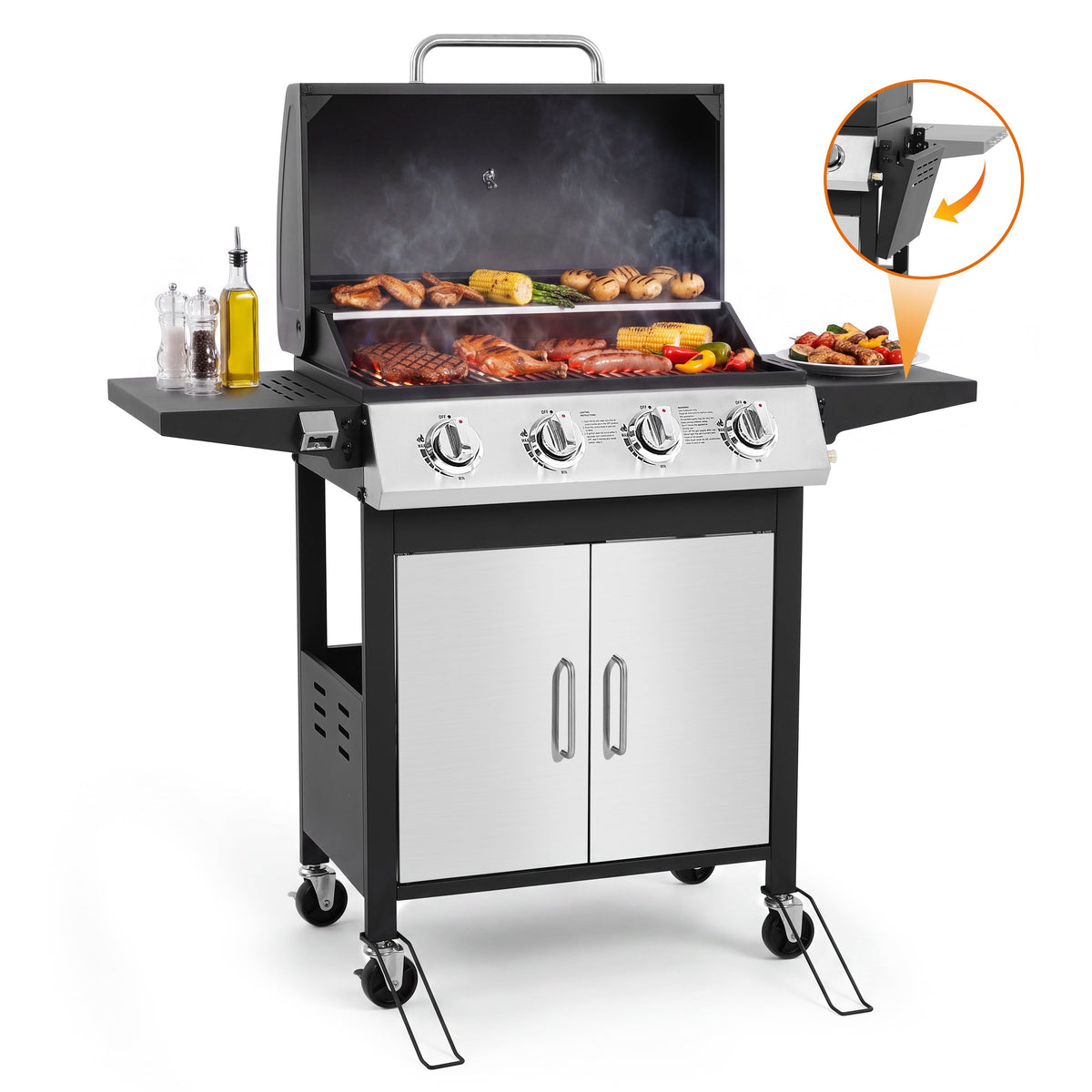 SEGMART 4 Burner BBQ Propane Gas Grill, Stainless Steel 40,000 BTU Patio Garden Barbecue Grill with Folding Side Tables, Thermometer & Bottle Opener