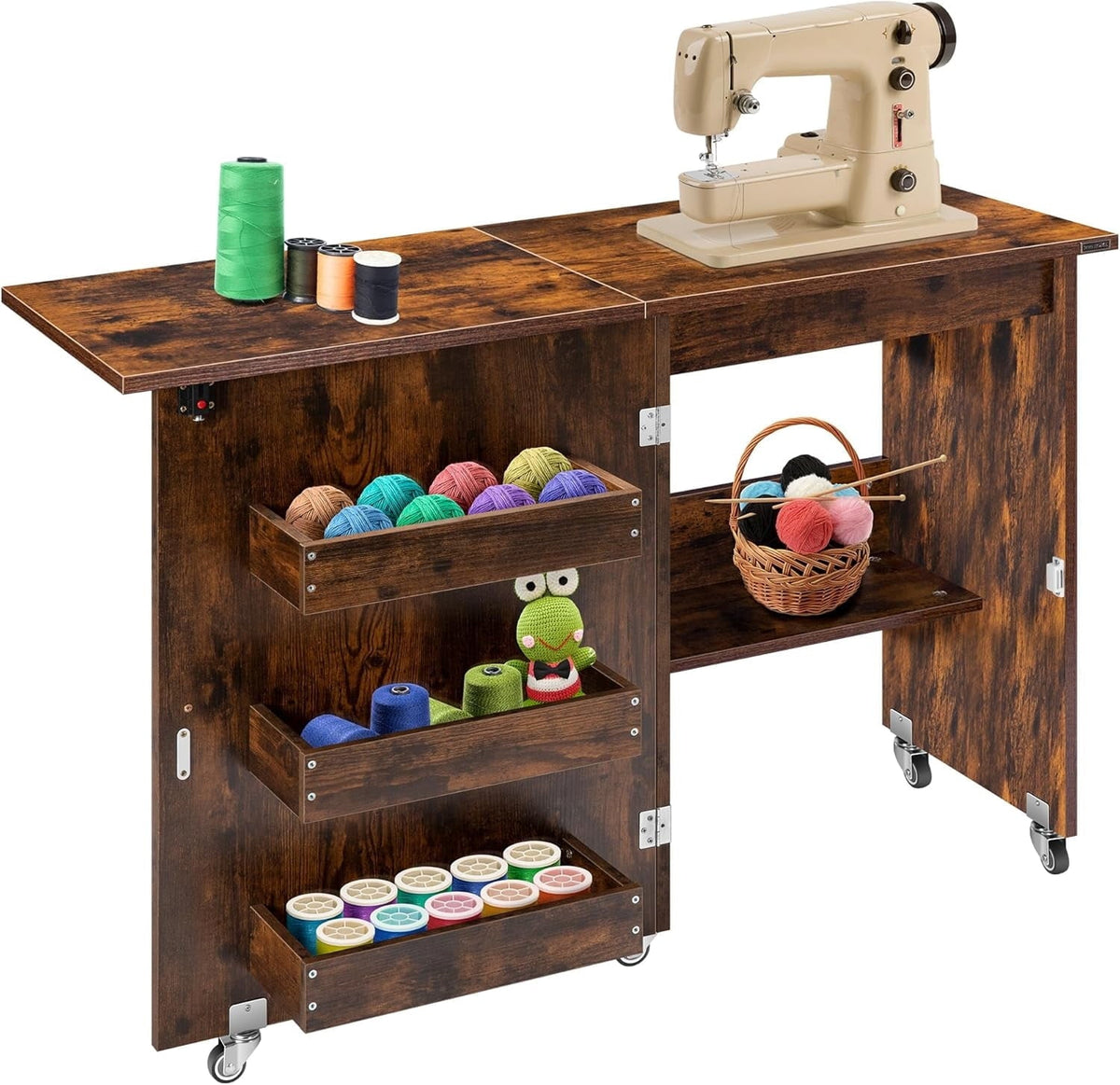 SPECSTAR Folding Sewing Craft Table, Rolling Sewing Machine Desk with Storage Shelves, Sewing Cabinet with Lift for Small Spaces, Rustic Brown