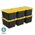 Sterilite 27 Gal Large Plastic Industrial Storage Bin with Snap-Fit Lid, Black and Yellow, 6 Pack