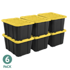 Sterilite 27 Gal Large Plastic Industrial Storage Bin with Snap-Fit Lid, Black and Yellow, 6 Pack